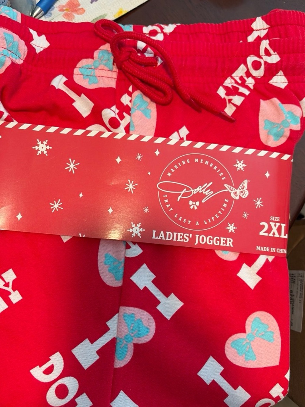 Dollcake Red Jogger Pajama Bottoms with Pink & Blue Heart Print